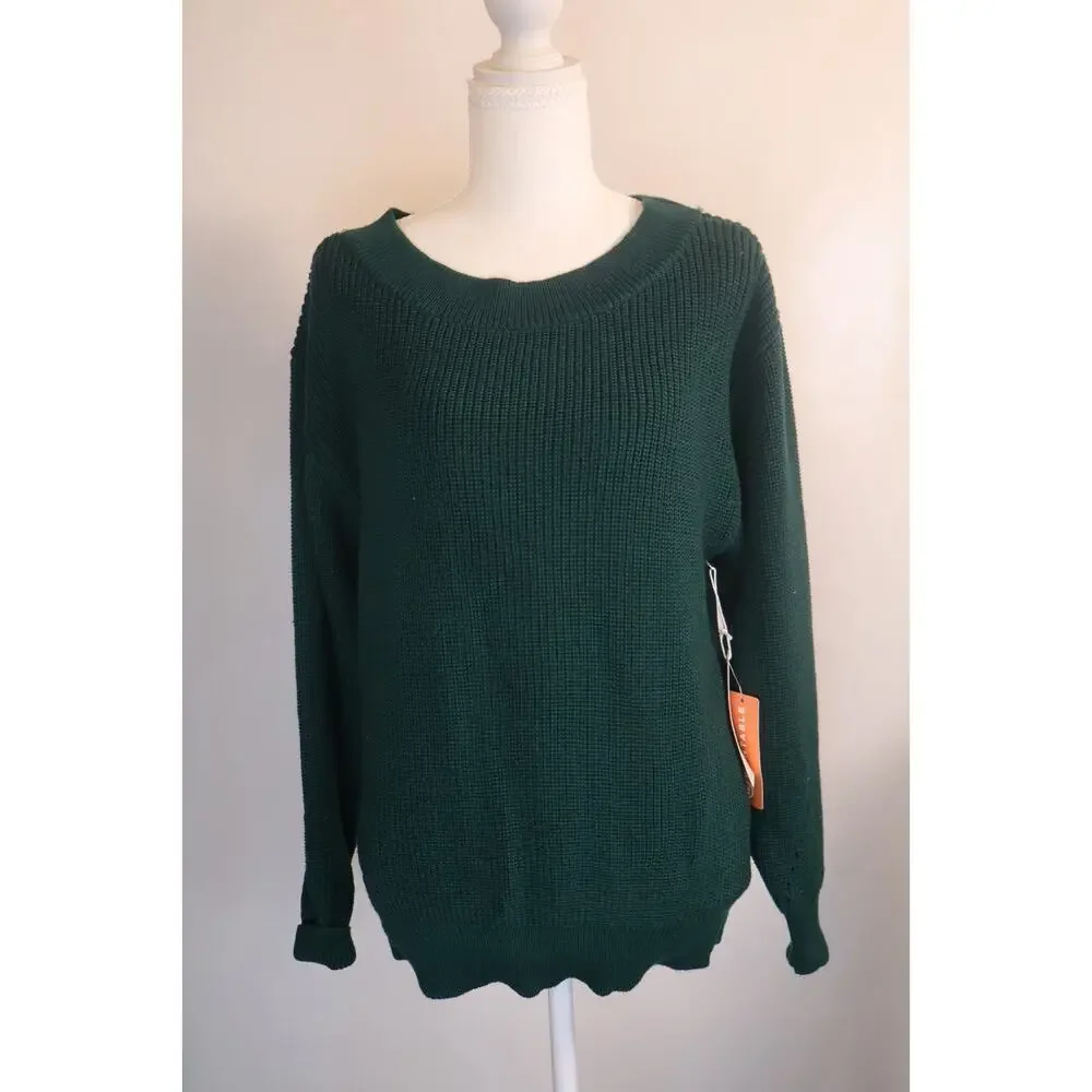 NEW 78&Sunny SEAS Coastal Hunter Green One Shoulder Ribbed Knit Sweater S